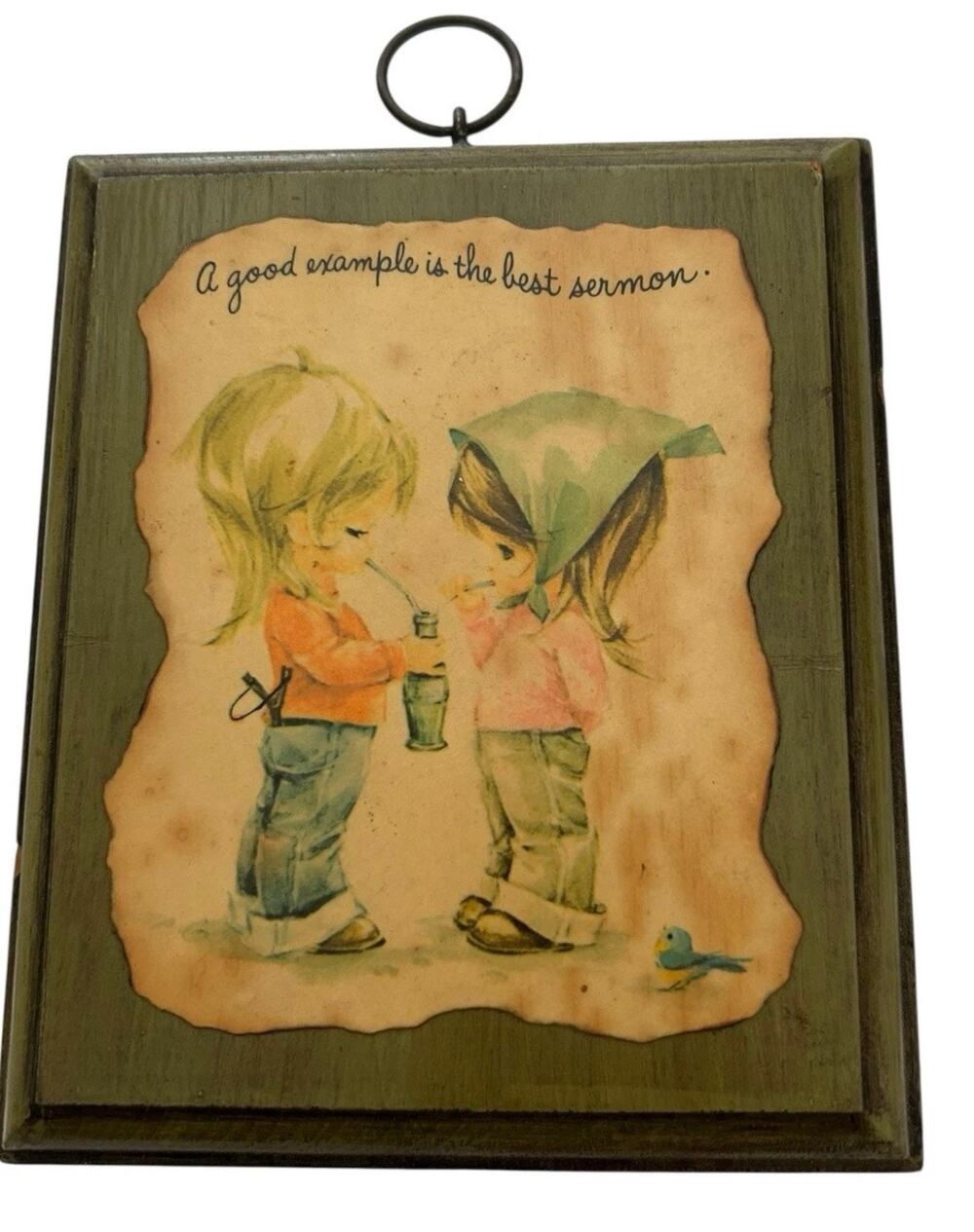 Vintage 70s Holly Hobbie Style Wood Plaque Big Eye Kids Soda Bottle Wall Decor